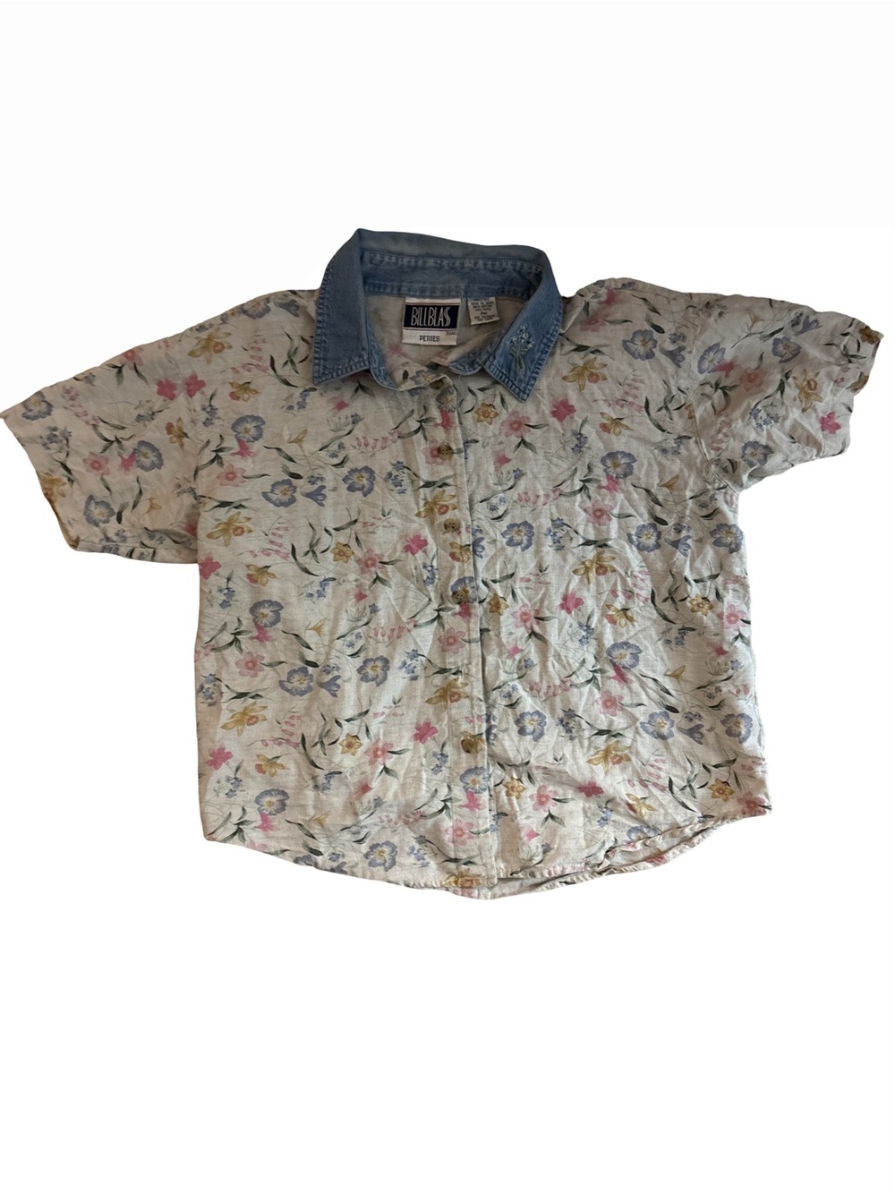 bill blass Floral Button-Down Shirt with Denim Collar - White, Blue, Pink